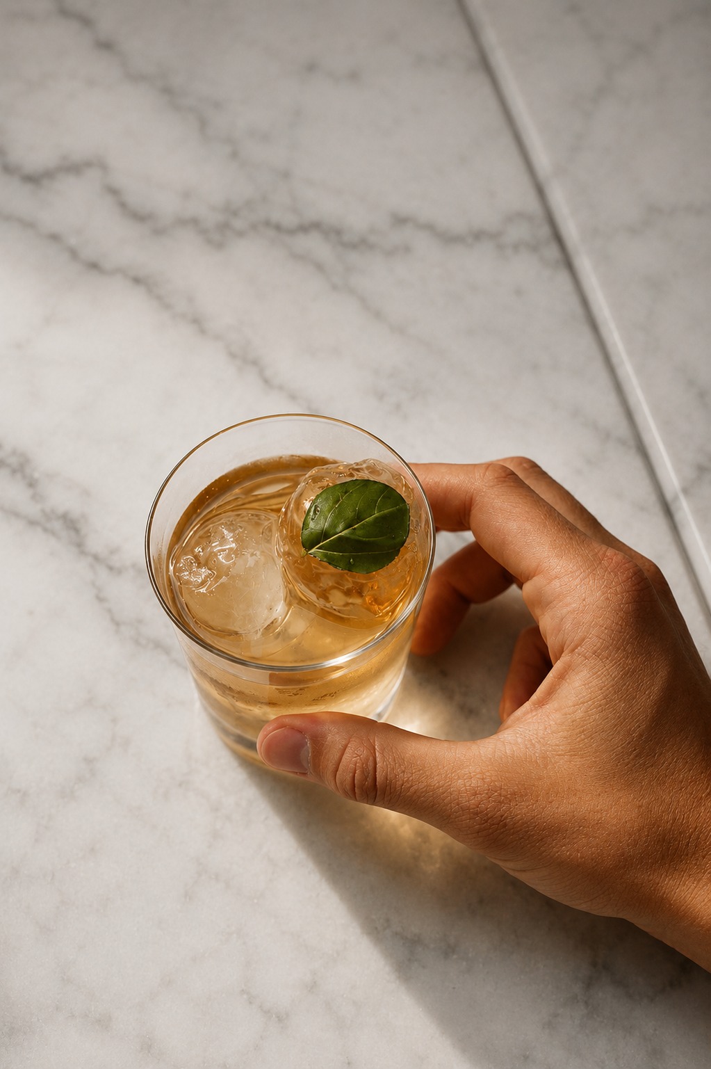 A hand holding an amber drink with ice cubes and a green leaf