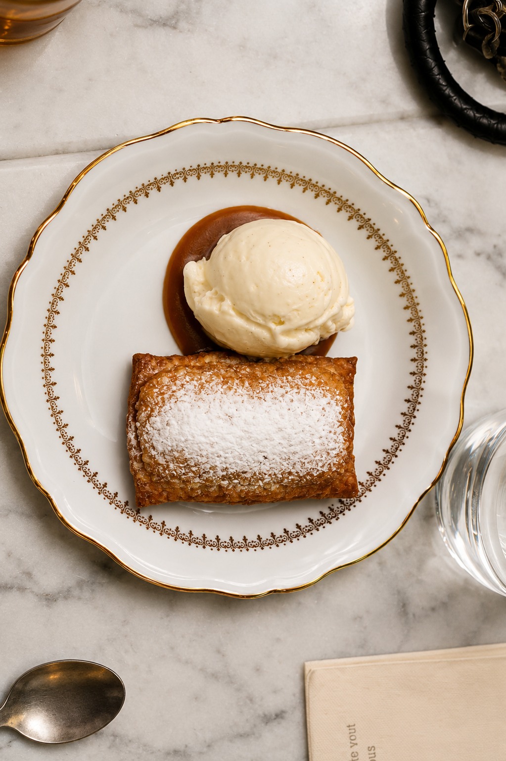 A golden dessert dusted with icing sugar and served with a scoop of ice cream